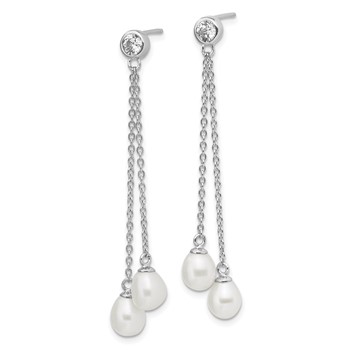 Sterling Silver Rhodium-plated 6-7mm White Rice Freshwater Cultured Pearl and CZ Post Dangle Earrings — alternate view