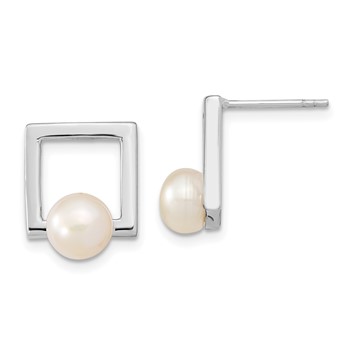 Sterling Silver Rhodium-plated 6-7mm White Button Freshwater Cultured Pearl Square Post Earrings