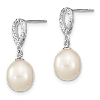 Sterling Silver Rhodium-plated 8-9mm White Rice Freshwater Cultured Pearl and CZ Post Dangle Earrings — alternate view