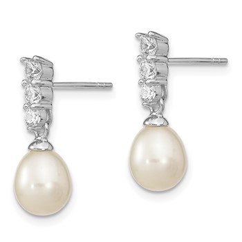 Sterling Silver Rhodium-plated 7-8mm White Rice Freshwater Cultured Pearl and CZ Post Dangle Earrings — alternate view
