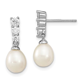 Sterling Silver Rhodium-plated 7-8mm White Rice Freshwater Cultured Pearl and CZ Post Dangle Earrings