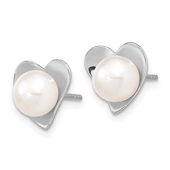 Sterling Silver Rhodium-plated 7-8mm White Button Freshwater Cultured Pearl Heart Post Earrings — alternate view