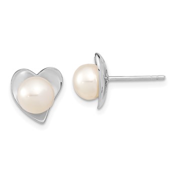 Sterling Silver Rhodium-plated 7-8mm White Button Freshwater Cultured Pearl Heart Post Earrings