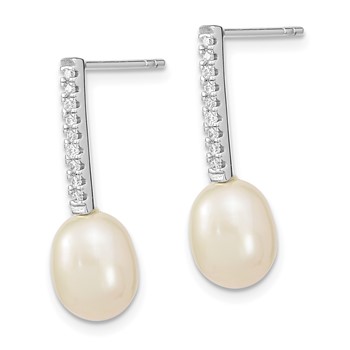 Sterling Silver Rhodium-plated 8-9mm White Rice Freshwater Cultured Pearl and CZ Post Dangle Earrings — alternate view
