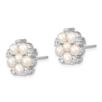 Sterling Silver Rhodium-plated 3-5mm White Button Freshwater Cultured Pearl and CZ Flower Post Earrings — alternate view