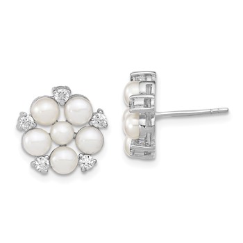 Sterling Silver Rhodium-plated 3-5mm White Button Freshwater Cultured Pearl and CZ Flower Post Earrings