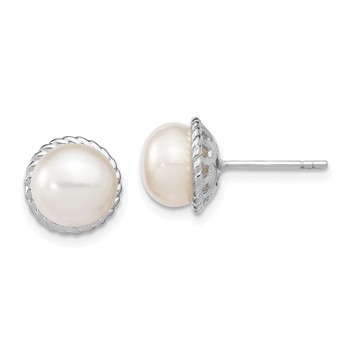 Sterling Silver Rhodium-plated 8-9mm White Button Freshwater Cultured Pearl Post Earrings