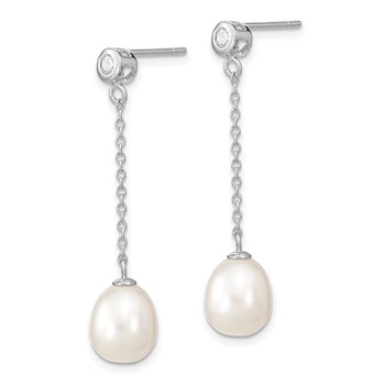 Sterling Silver Rhodium-plated 8-9mm White Rice Freshwater Cultured Pearl and CZ Post Dangle Earrings — alternate view