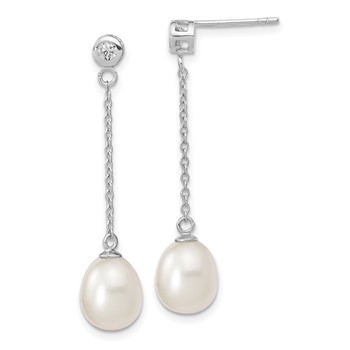 Sterling Silver Rhodium-plated 8-9mm White Rice Freshwater Cultured Pearl and CZ Post Dangle Earrings