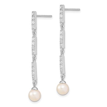 Sterling Silver Rhodium-plated 6-7mm Rice FWC Pearl CZ Post Dangle Earrings — alternate view