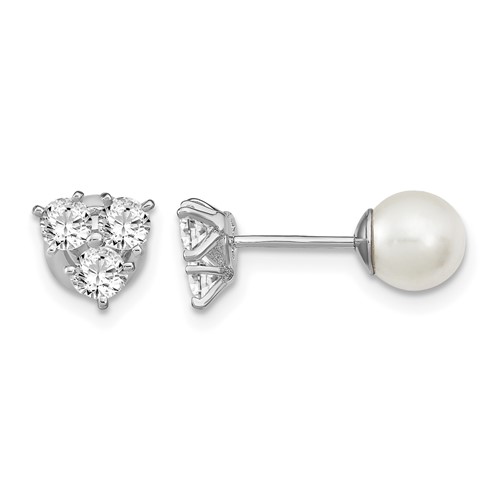Sterling Silver RH-plated CZ & Imit. Shell Pearl Reversible Post Earrings