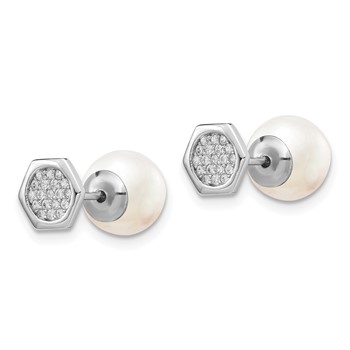 Sterling Silver Rhodium-plated Polished White 8-9mm Imititation Shell Pearl & CZ Hexagon Reversible Post Earrings — alternate view