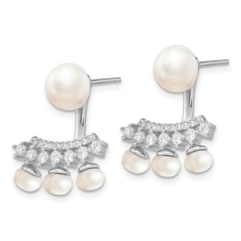 Sterling Silver Rhodium-plated 5-8mm White Button Freshwater Cultured Pearl and CZ Post Earrings with Earring Jackets — alternate view
