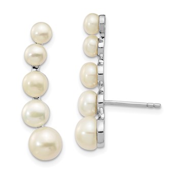 Sterling Silver Rhodium-plated 4-6mm White Freshwater Cultured Pearl Post Ear Climber Earrings