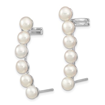 Sterling Silver Rhodium-plated 5-6mm White Button Freshwater Cultured Pearl Post Ear Climber and Cuff Earrings — alternate view