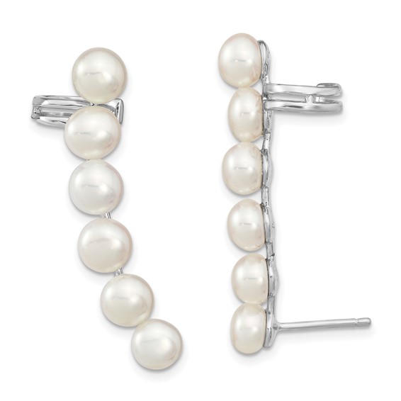 Ear Climber Earrings White Cultured Freshwater Pearls Rhodium on Sterling Silver