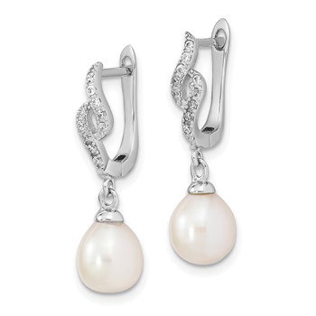Sterling Silver Rhodium-plated 7-8mm White Teardrop Freshwater Cultured Pearl and CZ Dangle Leverback Earrings — alternate view
