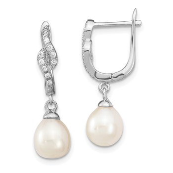 Sterling Silver Rhodium-plated 7-8mm White Teardrop Freshwater Cultured Pearl and CZ Dangle Leverback Earrings