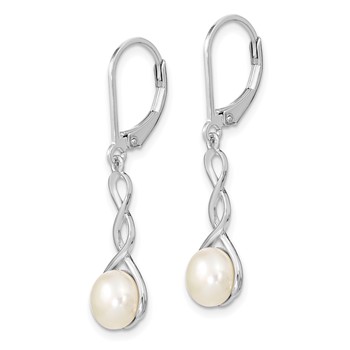 Sterling Silver Rhodium-plated Twisted 7-8mm White Button Freshwater Cultured Pearl Leverback Dangle Earrings — alternate view