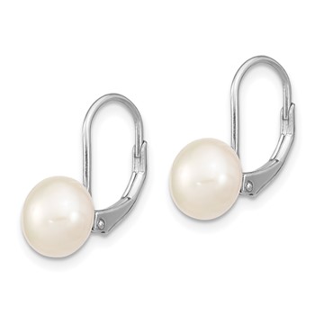 Sterling Silver Rhodium-plated 8-9mm White Button Freshwater Cultured Pearl Leverback Earrings — alternate view