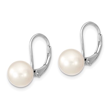 Sterling Silver Rhodium-plated 8-9mm White Round Freshwater Cultured Pearl Leverback Earrings — alternate view