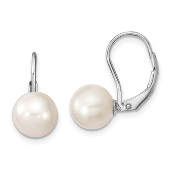 Sterling Silver Rhodium-plated 8-9mm White Round Freshwater Cultured Pearl Leverback Earrings