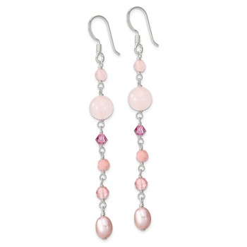 Sterling Silver Polished Pink FWC Pearl, Pink Jade, Rosaline, Cherry & Rose Quartz Dangle Earrings — alternate view
