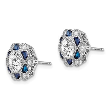 Sterling Silver Rhodium-plated Blue Spinel and CZ Flower Post Earrings — alternate view