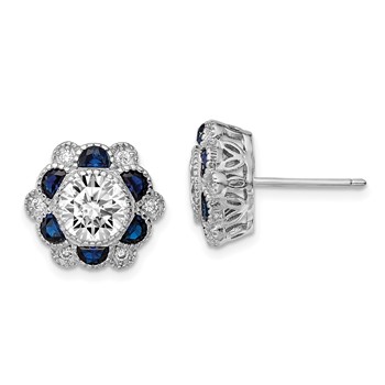 Sterling Silver Rhodium-plated Blue Spinel and CZ Flower Post Earrings