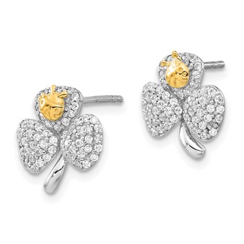 Sterling Silver Rhodium & Gold-tone Polished CZ Ladybug & Clover Post Earrings — alternate view