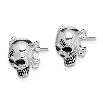 Sterling Silver Rhodium-plated Antiqued Enameled Skull Post Earrings — alternate view