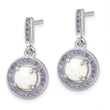 Sterling Silver Rhodium-plated Created Opal and Purple CZ Post Earrings — alternate view