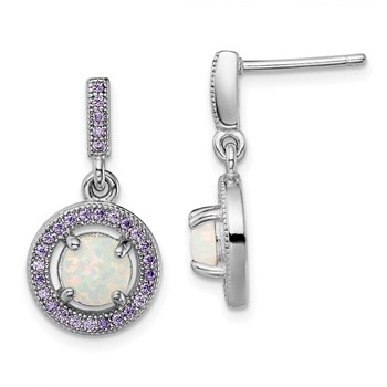 Sterling Silver Rhodium-plated Created Opal and Purple CZ Post Earrings