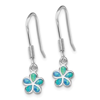 Sterling Silver Rhodium-plated Blue Created Opal Flower Earrings — alternate view