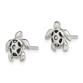 Sterling Silver Antiqued Aqua Crystal Turtle Post Earrings — alternate view