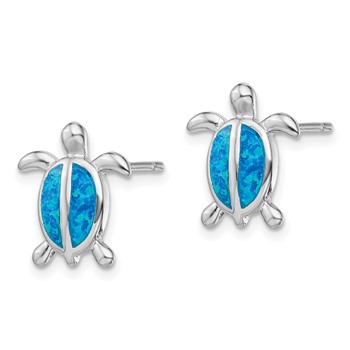 Sterling Silver Rhodium-plated Polished Blue Created Opal Polished Turtle Post Earrings — alternate view
