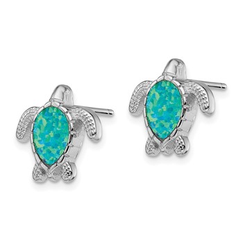 Sterling Silver Rhodium-plated Polished Green Created Opal Turtle Post Earrings — alternate view