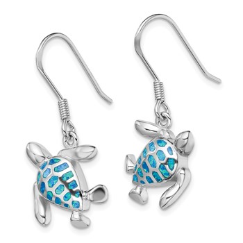 Sterling Silver Rhodium-plated Polished Blue Created Opal Turtle Dangle Earrings — alternate view