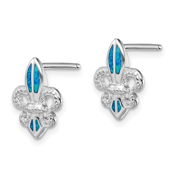 Sterling Silver Rhodium-plated Polished & Beaded Blue Created Opal Fleur De Lis Post Earrings — alternate view