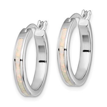 Sterling Silver Rhodium-plated Created Opal Inlay Round Hoop Earrings — alternate view