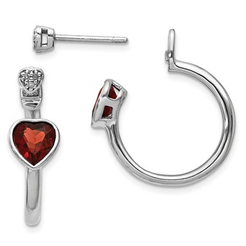 Sterling Silver Diamond & Garnet Heart Front & Back Post Earrings