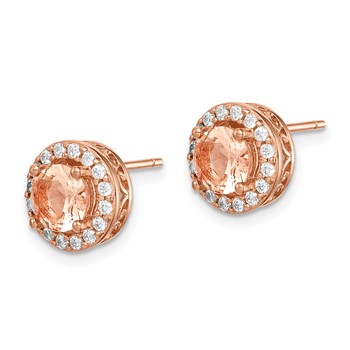 Sterling Silver Rose-tone Round Peach CZ Halo Post Earrings — alternate view