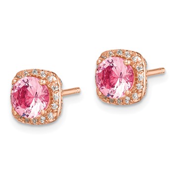 Sterling Silver Rose-tone Square Pink Crystal Center and CZ Post Earrings — alternate view