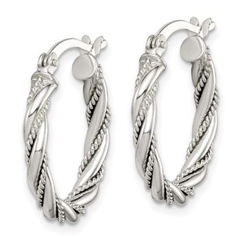 Sterling Silver Twisted Textured 3x20mm Hoop Earrings — alternate view