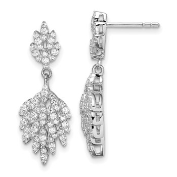 Sterling Silver Rhodium-plated CZ Leaf Dangle Post Earrings