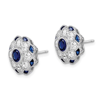Sterling Silver RH Plated CZ and Synthetic Blue Spinel Flower Post Earrings — alternate view