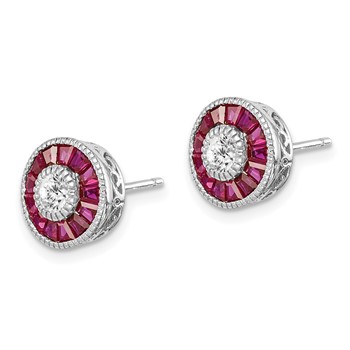 Sterling Silver Rhodium-plated CZ /Created Ruby Halo Post Earrings — alternate view