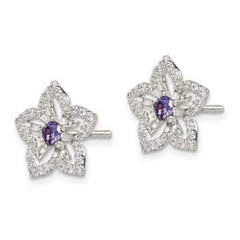 Sterling Silver Purple and Clear CZ Flower Post Earrings — alternate view