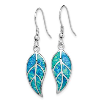 Sterling Silver Rhodium-plated Created Blue Opal Leaf Dangle Earrings — alternate view