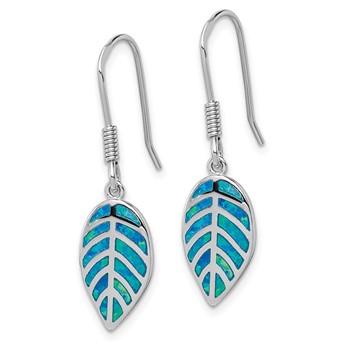 Sterling Silver Rhod-plated Creat Blue Opal Inlay Leaf Dangle Earrings — alternate view